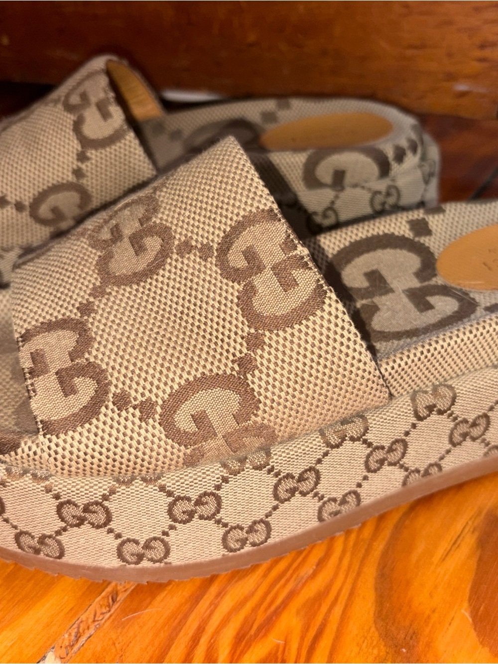 Gucci Beige & Brown GG Monogram Slide Sandals